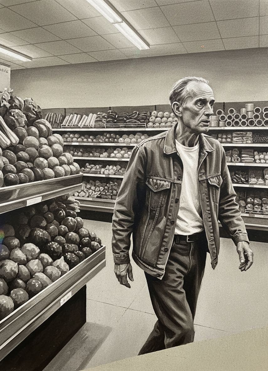 Old Man Scans the Aisles — Saskia Vandenberg · MODULAR one-of-a-kind original