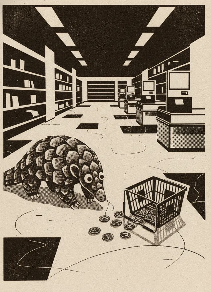 Pangolin Hesitates at Checkout — Anya Pietrowski · MODULAR one-of-a-kind original