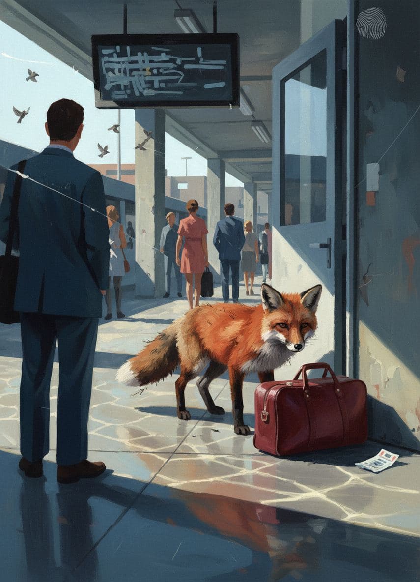 Red Fox Dragging Luggage — Viktor Eklund · MODULAR one-of-a-kind original