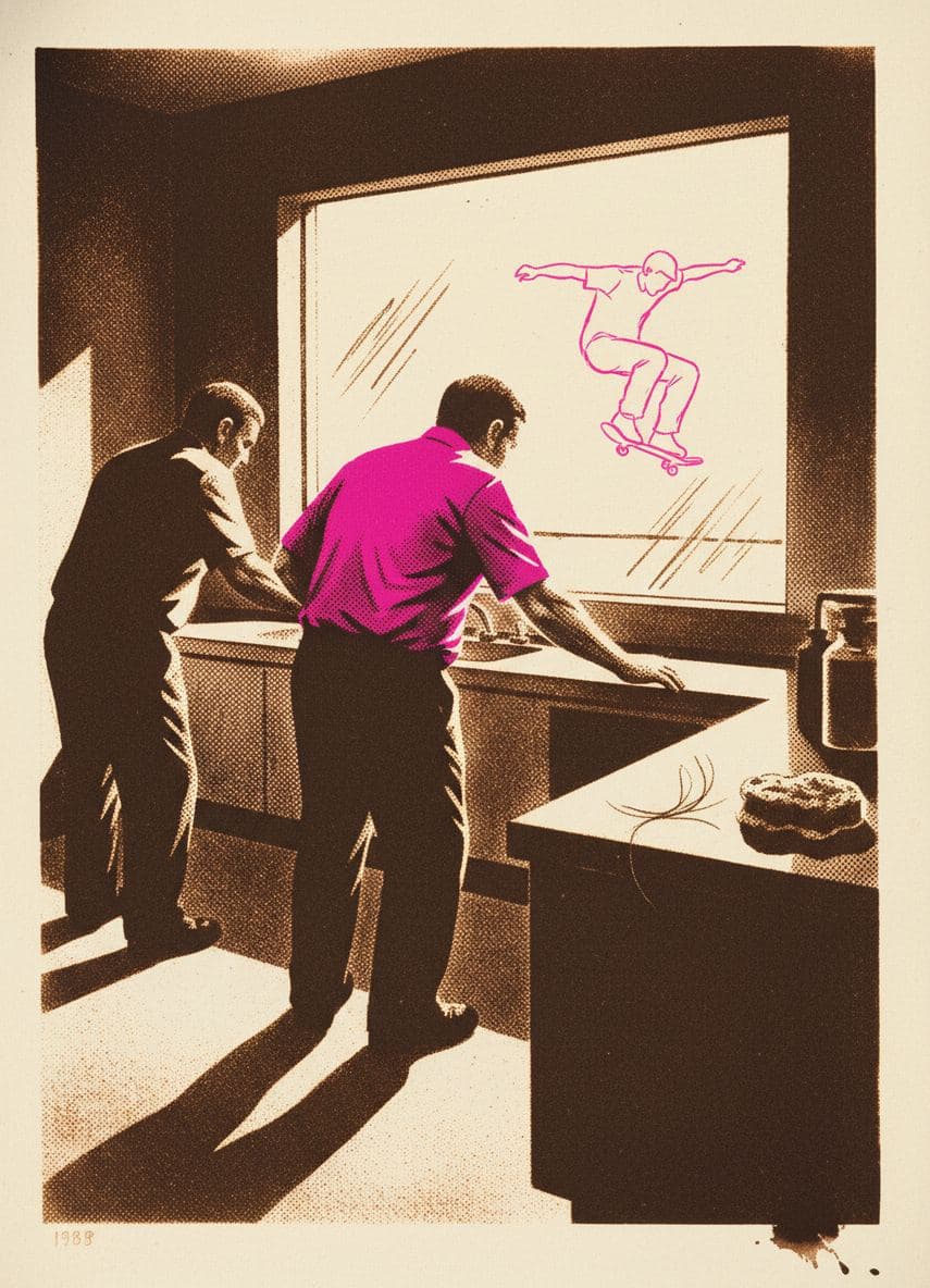 Two Janitors Beneath a Fluorescent Light — Hilda Prosser · MODULAR one-of-a-kind original