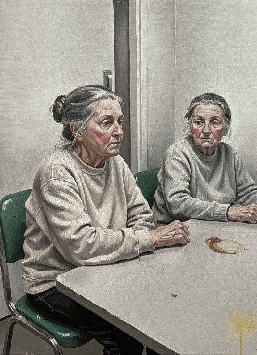 Two Women at a Particleboard Table — Saskia Vandenberg · MODULAR one-of-a-kind original