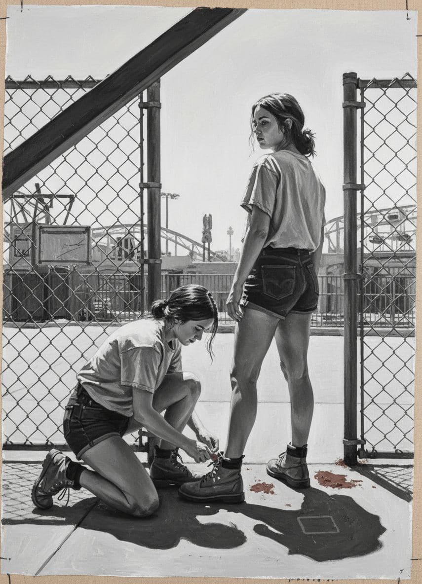 Two Women at the Fence — Wenfeng Lu · MODULAR one-of-a-kind original